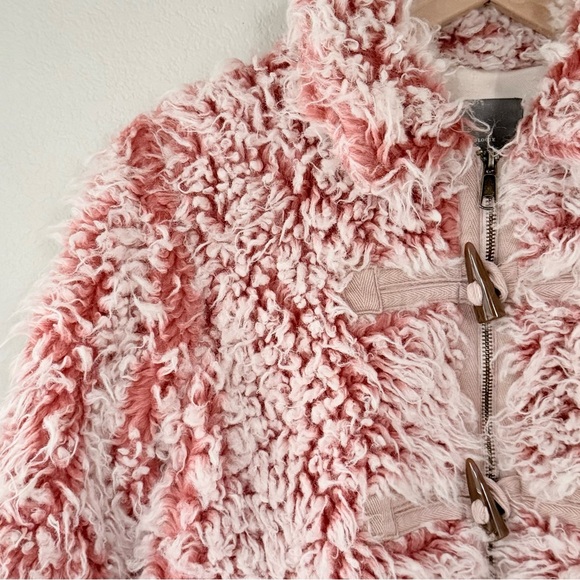 ANTHROPOLOGIE XS Brenna Faux Fur Coat in Pink • Coral Fuzzy Furry Toggle Jacket - Picture 2 of 15